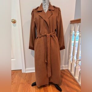 T Tahari Soft Faux Leather Suede Light Camel Designer Trench Coat Size Large